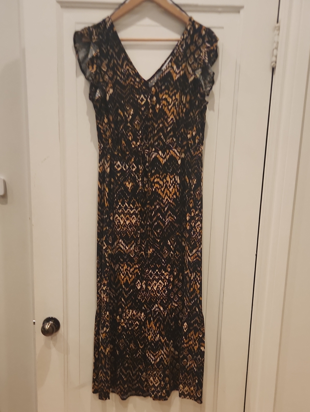 S/M Black and Gold/brown Print Flutter-Sleeve Maxi Dress